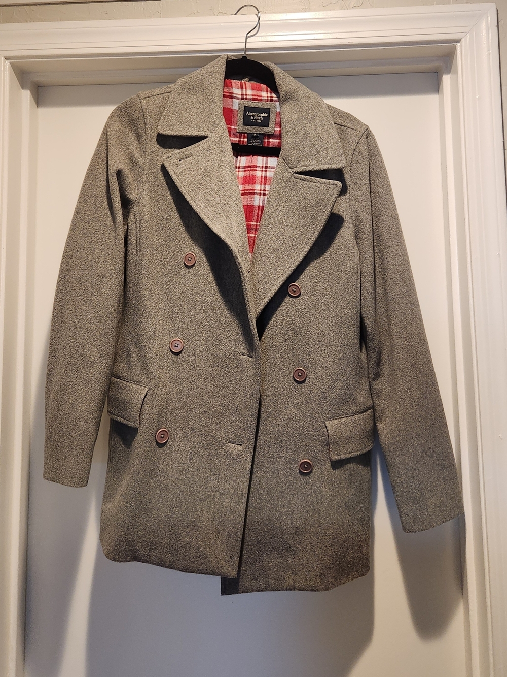 Abercrombie & Fitch Gray Double-Breasted Wool Peacoat with Red Plaid Lining